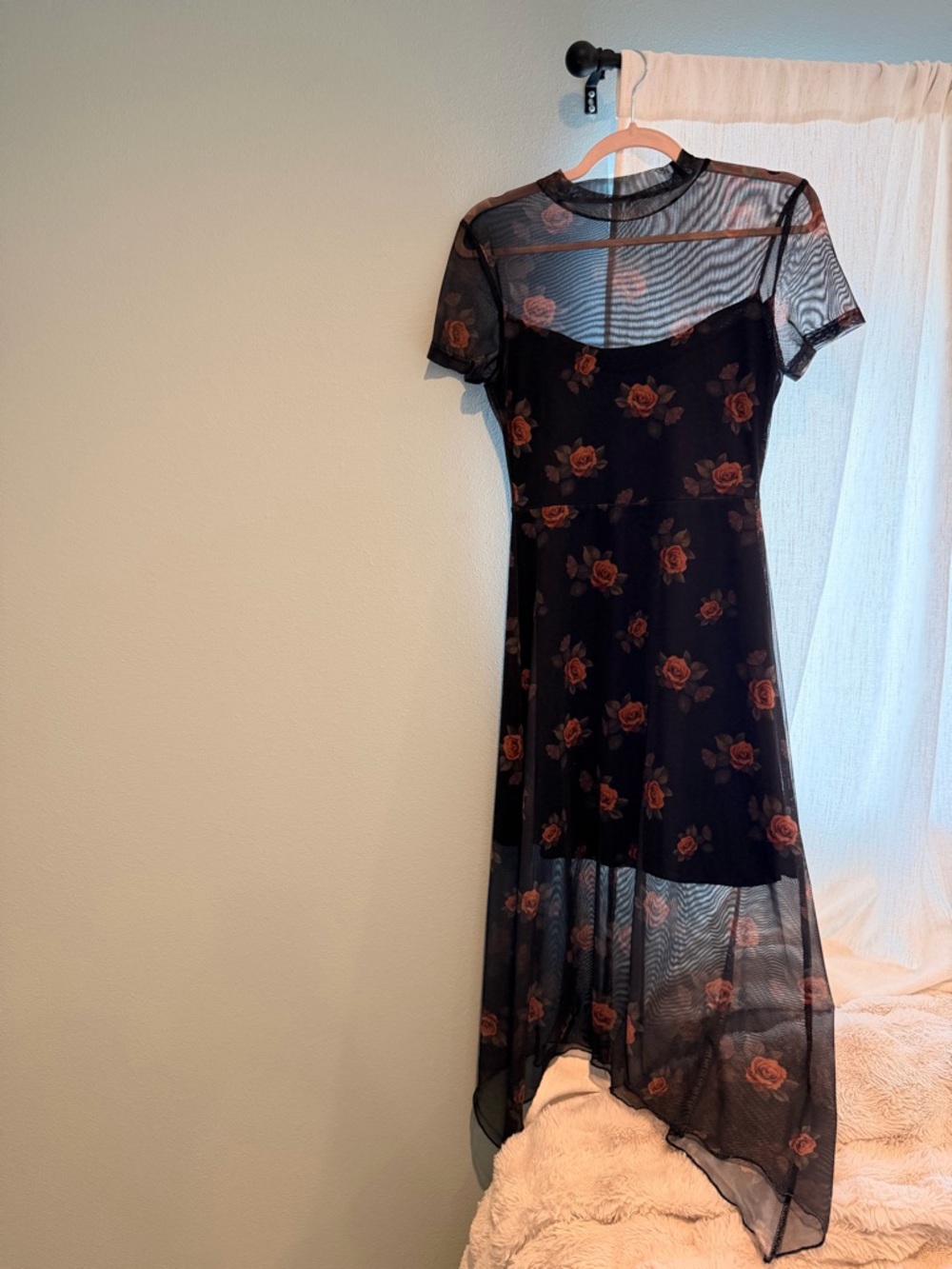 VIRAL Amazon Black Sheer High-Low Dress with Red Rose Print